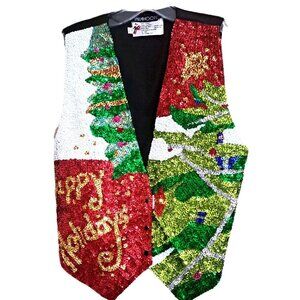 Inkahoots Women's M (34) Sequins Vest "Happy Holidays" Snap Close Party Festive